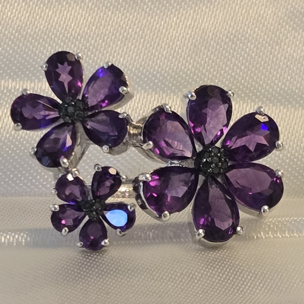 Amethyst & Black Diamonds Floral 925 Silver Ring